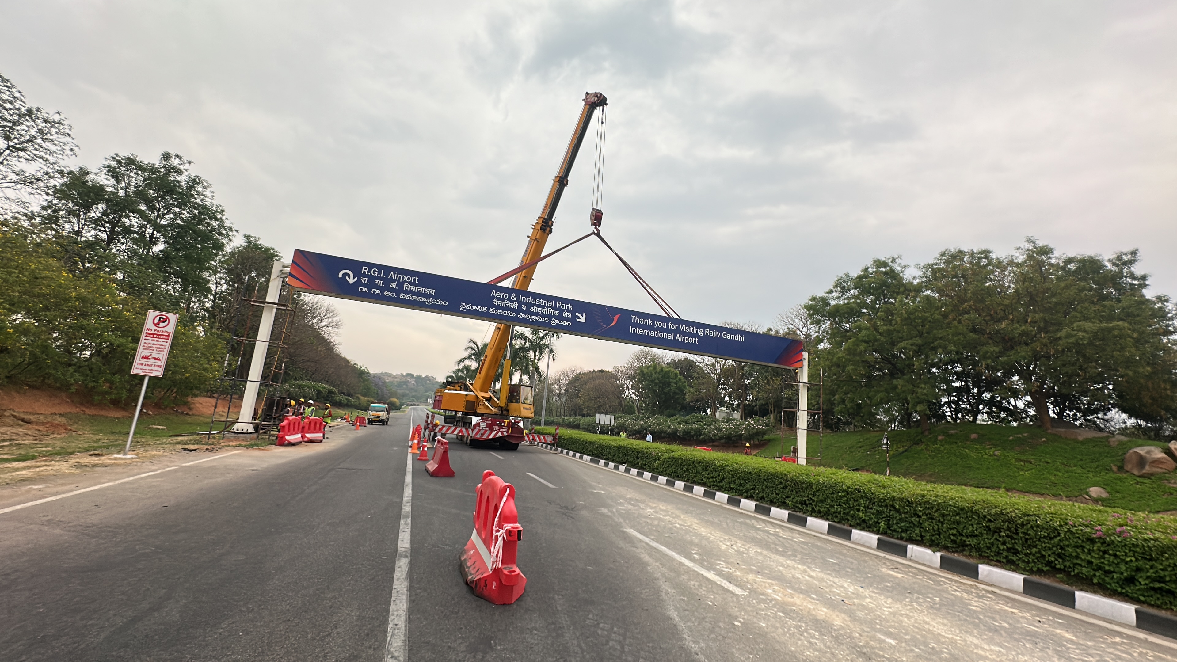 Nighttime highway gantry installation